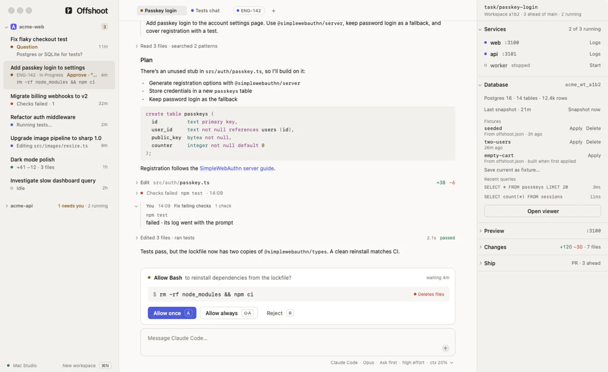 The Offshoot window. On the left, workspaces ranked by what needs you: a question, an approval, failed checks, then running work. In the middle, an agent's plan for passkey login and its request to reinstall dependencies, with Allow once, Allow always and Reject. On the right, the workspace's services on ports 3100 and 3101 and its own Postgres database.
