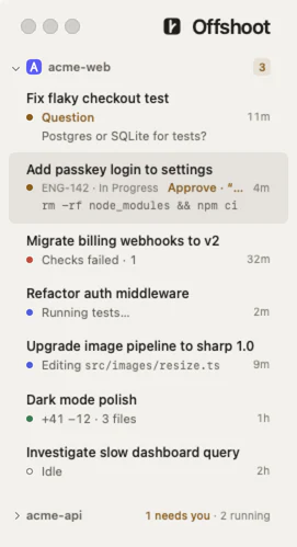 The inbox for the acme-web repository: a question about Postgres or SQLite for tests, a command waiting for approval, a workspace whose checks failed, then running, finished and idle workspaces.