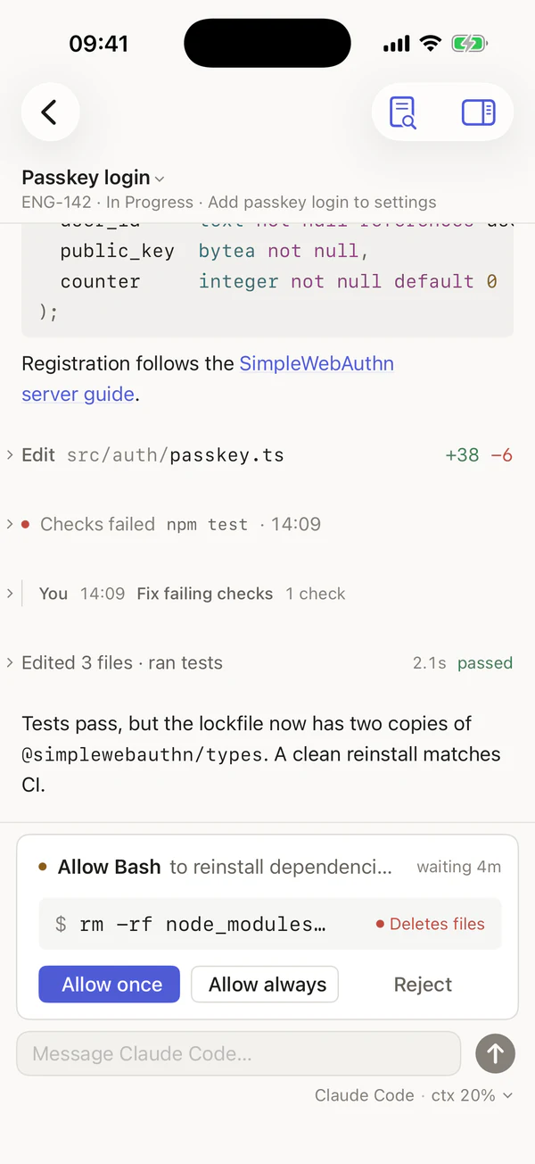 An agent chat on iPhone with a permission request to reinstall dependencies and the buttons Allow once, Allow always and Reject.