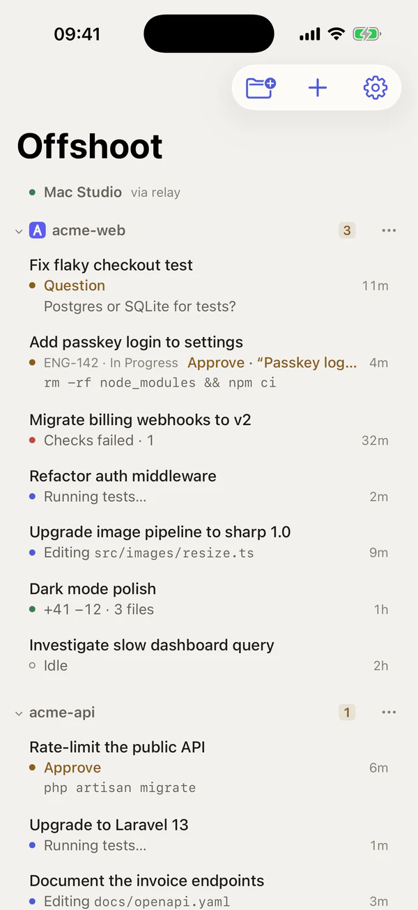 Offshoot on iPhone: the workspaces on Mac Studio, reached via the relay, ranked by what needs you.
