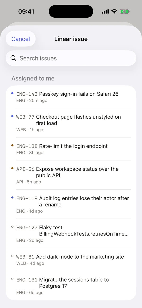 Choosing a Linear issue for a new workspace: the issues assigned to me, such as ENG-142 Passkey sign-in fails on Safari 26.