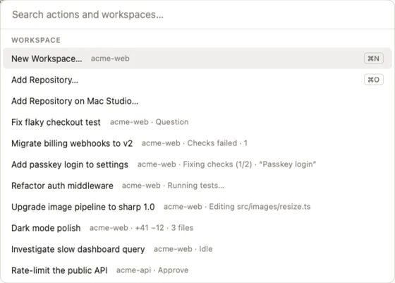 The command palette: New Workspace, Add Repository, and every workspace with its status, searchable.