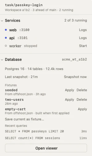 A workspace's details: services web on port 3100 and api on 3101 running, worker stopped; its Postgres 16 database with 14 tables, snapshots and fixtures; and recent queries.
