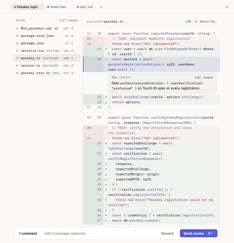 The review of src/auth/passkey.ts: the changed files on the left, the diff on the right with an inline comment on line 20 asking for userVerification preferred, and a Send review button.