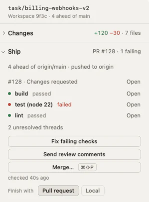 Ship: pull request 128 with build and lint passed and one test job failed, two unresolved threads, and buttons to fix failing checks, send review comments or merge.